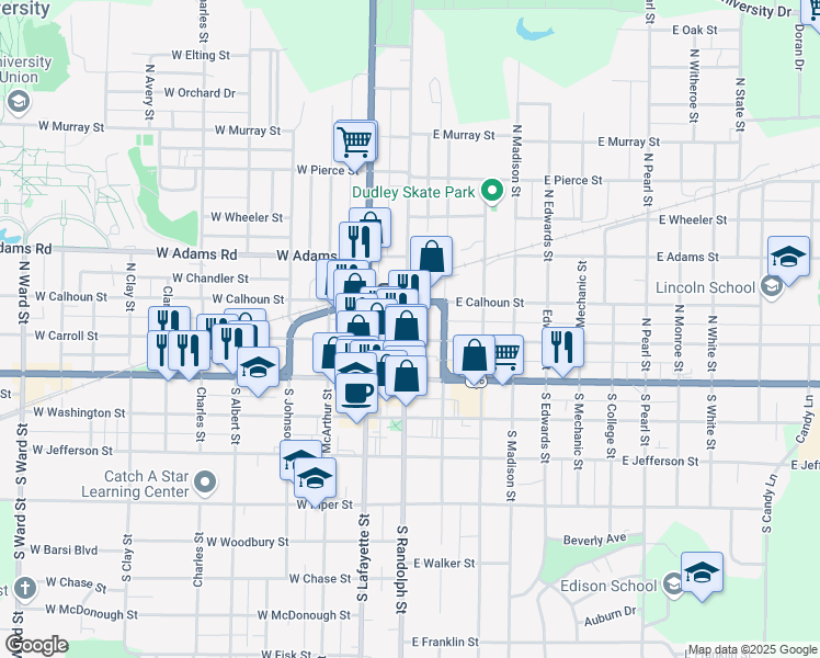 map of restaurants, bars, coffee shops, grocery stores, and more near 201 North Randolph Street in Macomb