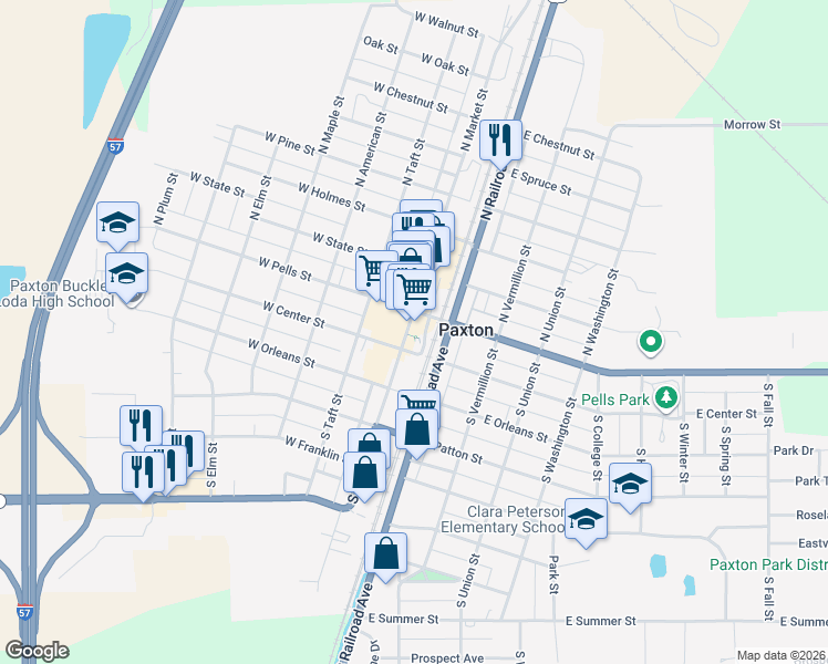 map of restaurants, bars, coffee shops, grocery stores, and more near 216 South Market Street in Paxton