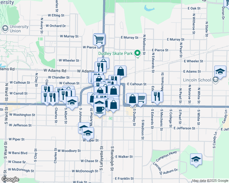 map of restaurants, bars, coffee shops, grocery stores, and more near 201 North Randolph Street in Macomb
