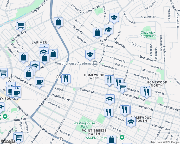 map of restaurants, bars, coffee shops, grocery stores, and more near 1015 Gerritt Street in Pittsburgh
