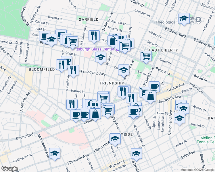 map of restaurants, bars, coffee shops, grocery stores, and more near 307 Roup Avenue in Pittsburgh