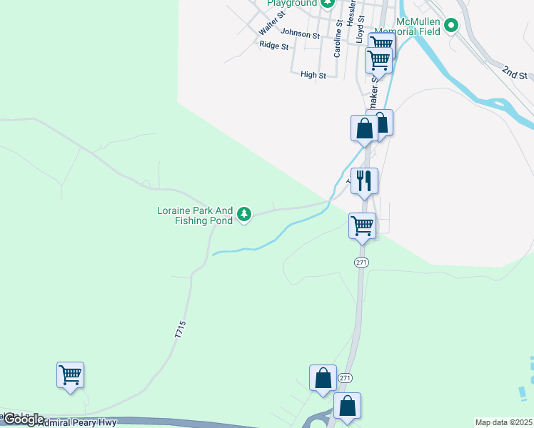 map of restaurants, bars, coffee shops, grocery stores, and more near 535 Loraine Road in Nanty-Glo