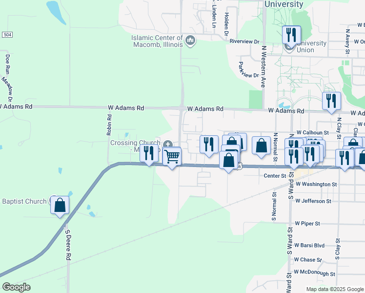 map of restaurants, bars, coffee shops, grocery stores, and more near 201 Wigwam Hollow Road in Macomb