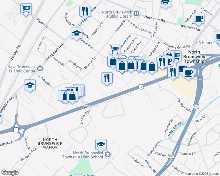 map of restaurants, bars, coffee shops, grocery stores, and more near 989 U.S. 1 in North Brunswick Township