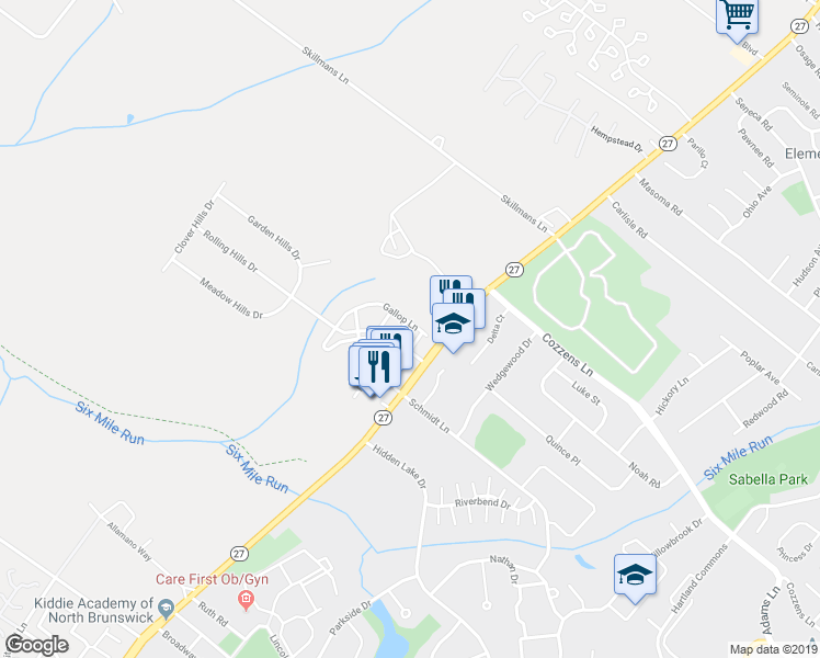 map of restaurants, bars, coffee shops, grocery stores, and more near 24 Gallop Lane in Franklin Township
