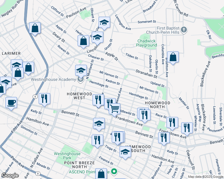 map of restaurants, bars, coffee shops, grocery stores, and more near 7140 Kedron Street in Pittsburgh