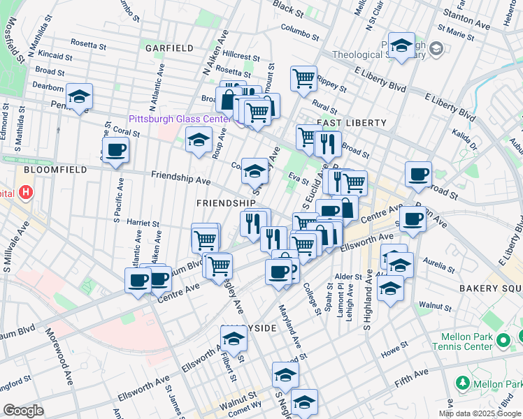map of restaurants, bars, coffee shops, grocery stores, and more near 215 South Negley Avenue in Pittsburgh