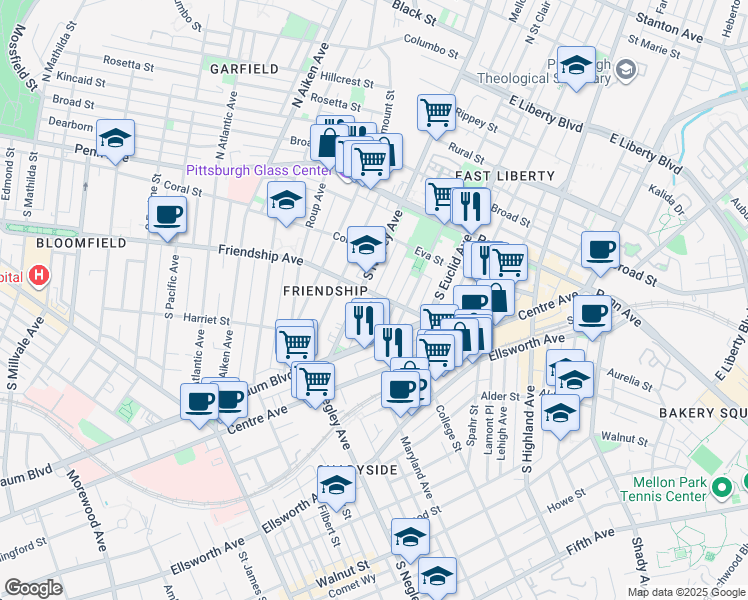 map of restaurants, bars, coffee shops, grocery stores, and more near 215 South Negley Avenue in Pittsburgh