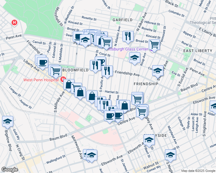 map of restaurants, bars, coffee shops, grocery stores, and more near 342 South Atlantic Avenue in Pittsburgh