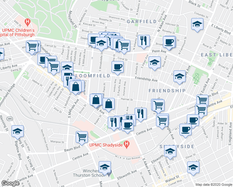 map of restaurants, bars, coffee shops, grocery stores, and more near 332 South Pacific Avenue in Pittsburgh