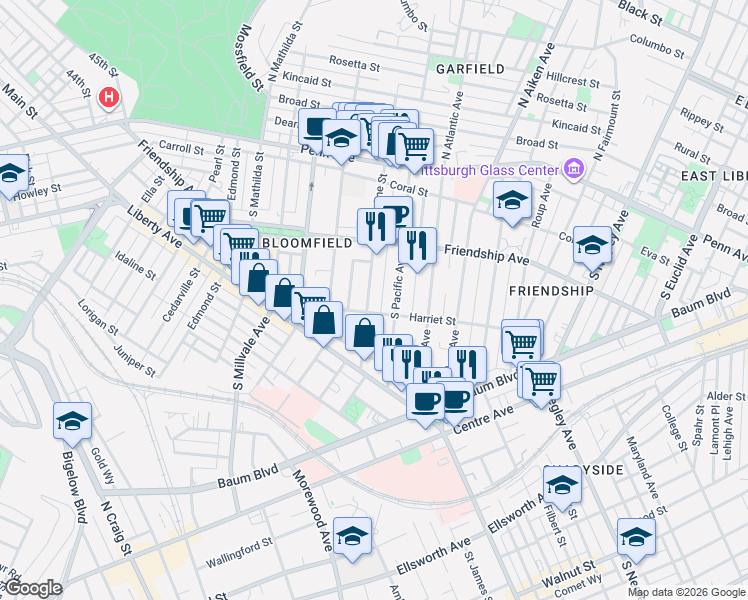 map of restaurants, bars, coffee shops, grocery stores, and more near 332 South Pacific Avenue in Pittsburgh