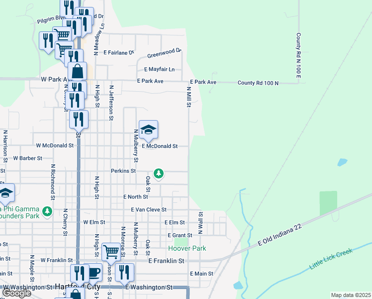 map of restaurants, bars, coffee shops, grocery stores, and more near 1205 N Mill St in Hartford City