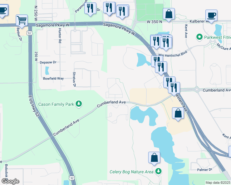 map of restaurants, bars, coffee shops, grocery stores, and more near 307 Foxton Lane in West Lafayette
