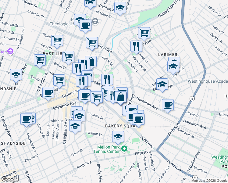 map of restaurants, bars, coffee shops, grocery stores, and more near 6435 Station Street in Pittsburgh