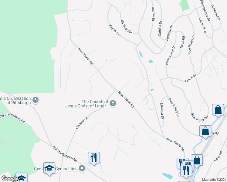 map of restaurants, bars, coffee shops, grocery stores, and more near 670 New Texas Road in Plum