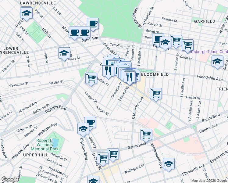 map of restaurants, bars, coffee shops, grocery stores, and more near 354 Cedarville Street in Pittsburgh