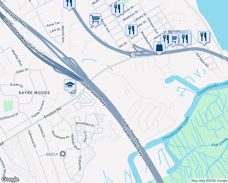 map of restaurants, bars, coffee shops, grocery stores, and more near 1415 Pebble Place in Sayreville