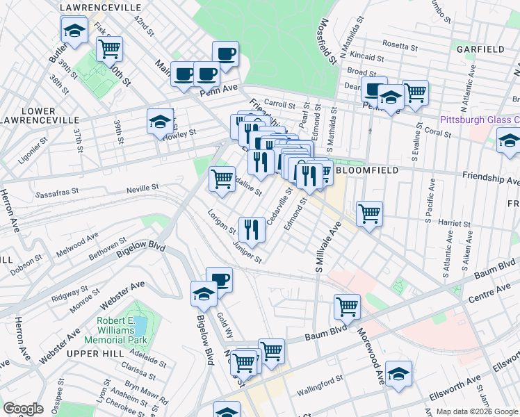map of restaurants, bars, coffee shops, grocery stores, and more near 405 Sapphire Way in Pittsburgh