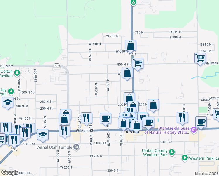 map of restaurants, bars, coffee shops, grocery stores, and more near 320 West 200 North in Vernal