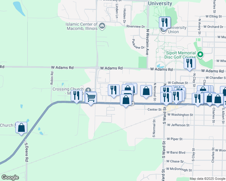 map of restaurants, bars, coffee shops, grocery stores, and more near 209 Charleston Boulevard in Macomb