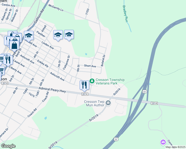 map of restaurants, bars, coffee shops, grocery stores, and more near 466-494 Country Club Rd in Cresson