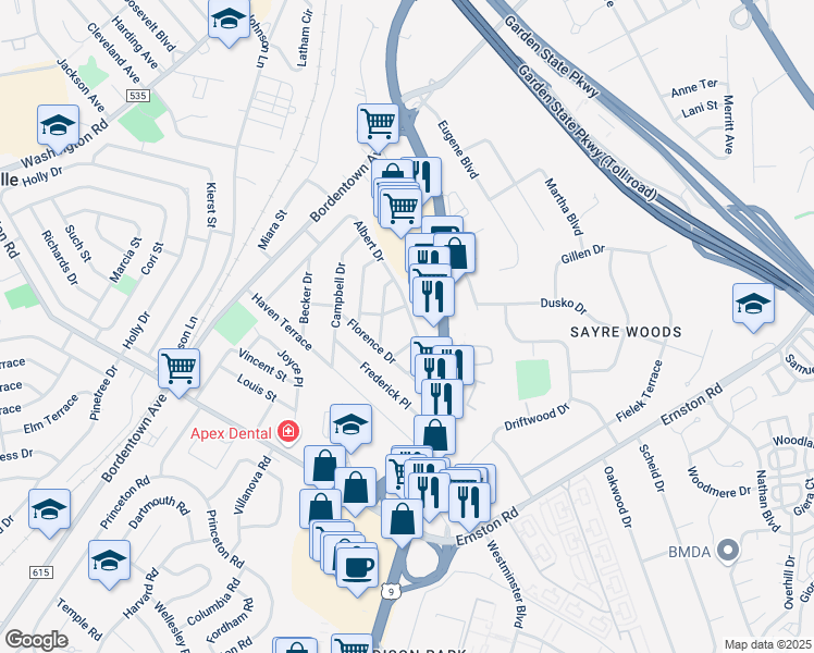 map of restaurants, bars, coffee shops, grocery stores, and more near 91 Albert Drive in Sayreville