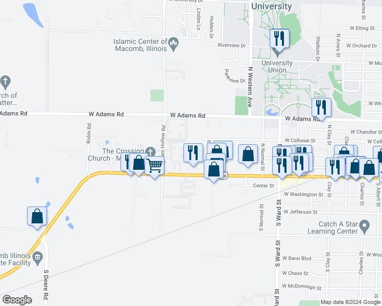 map of restaurants, bars, coffee shops, grocery stores, and more near 204 Charleston Boulevard in Macomb