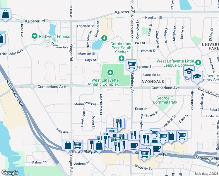 map of restaurants, bars, coffee shops, grocery stores, and more near 1101 Cumberland Avenue in West Lafayette