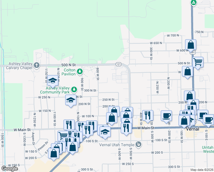 map of restaurants, bars, coffee shops, grocery stores, and more near 365 North 700 West in Vernal