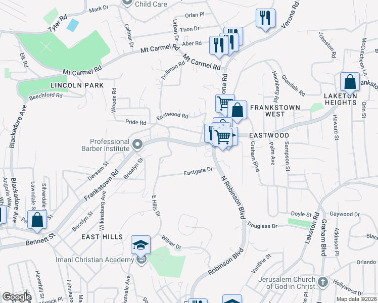map of restaurants, bars, coffee shops, grocery stores, and more near 8916 Pennsylvania 380 in Penn Hills