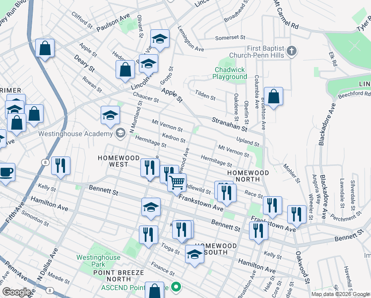 map of restaurants, bars, coffee shops, grocery stores, and more near 7140 Kedron Street in Pittsburgh
