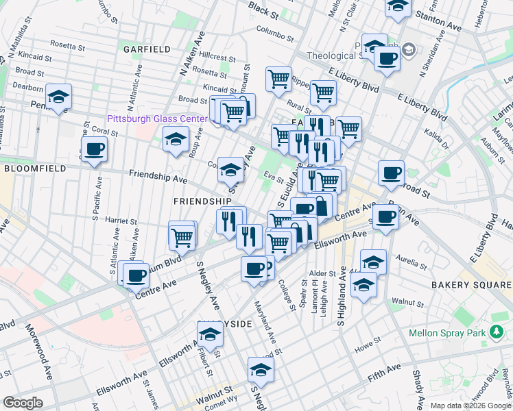 map of restaurants, bars, coffee shops, grocery stores, and more near 225 Amber Street in Pittsburgh