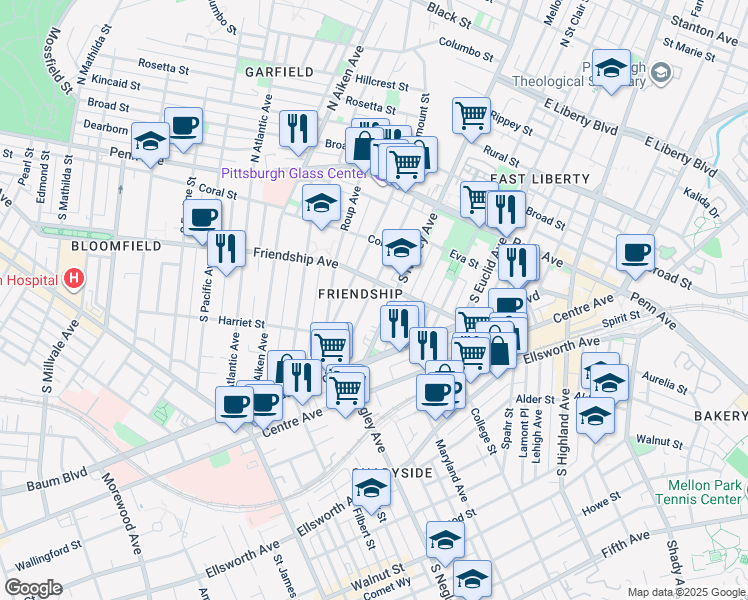 map of restaurants, bars, coffee shops, grocery stores, and more near in Pittsburgh
