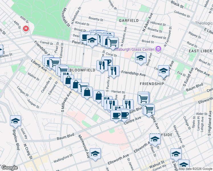 map of restaurants, bars, coffee shops, grocery stores, and more near 332 South Pacific Avenue in Pittsburgh
