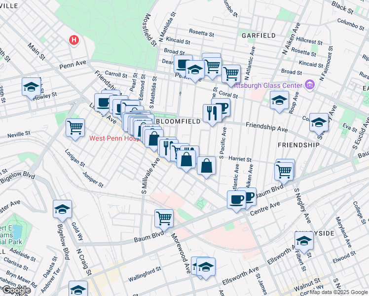 map of restaurants, bars, coffee shops, grocery stores, and more near 348 South Winebiddle Street in Pittsburgh