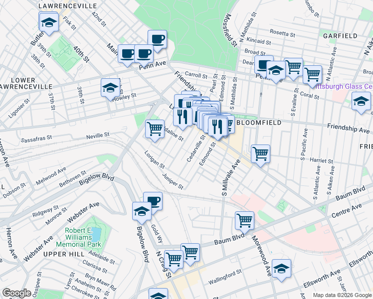 map of restaurants, bars, coffee shops, grocery stores, and more near 328 Garnet Way in Pittsburgh