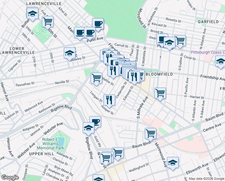 map of restaurants, bars, coffee shops, grocery stores, and more near 405 Sapphire Way in Pittsburgh