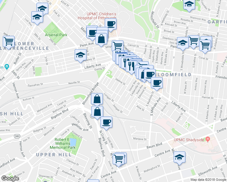 map of restaurants, bars, coffee shops, grocery stores, and more near 425 Orwell Way in Pittsburgh