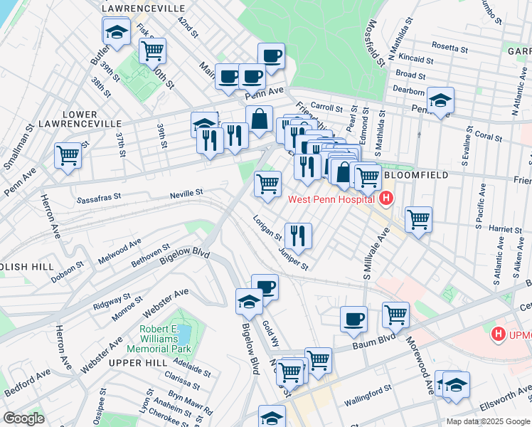 map of restaurants, bars, coffee shops, grocery stores, and more near 425 Orwell Way in Pittsburgh