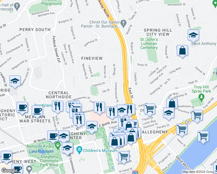 map of restaurants, bars, coffee shops, grocery stores, and more near 1604 Warren Street in Pittsburgh