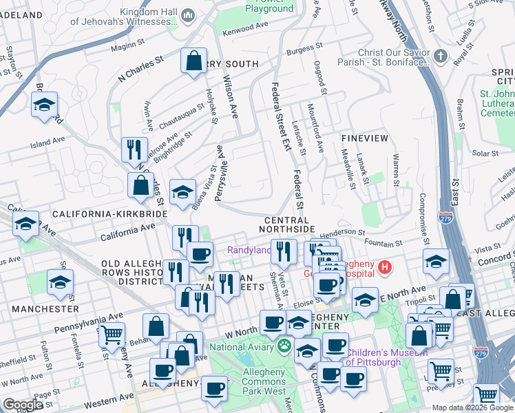 map of restaurants, bars, coffee shops, grocery stores, and more near 1845 Clayton Avenue in Pittsburgh