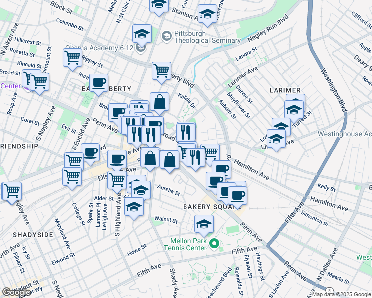 map of restaurants, bars, coffee shops, grocery stores, and more near 6247 Broad Street in Pittsburgh