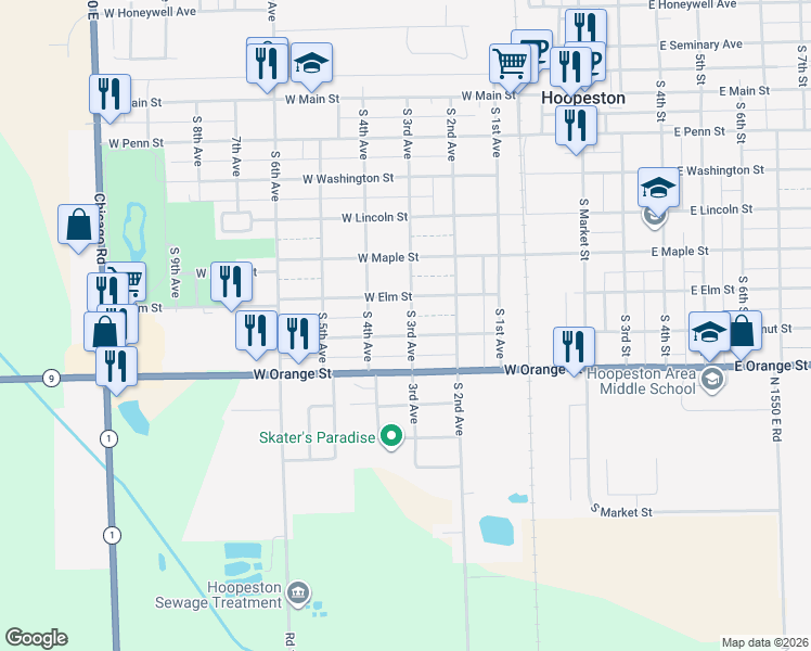 map of restaurants, bars, coffee shops, grocery stores, and more near 700-708 South 3rd Avenue in Hoopeston