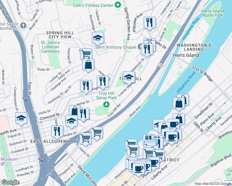 map of restaurants, bars, coffee shops, grocery stores, and more near 1350 Herman Street in Pittsburgh