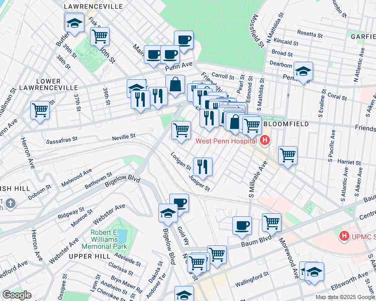 map of restaurants, bars, coffee shops, grocery stores, and more near 425 Orwell Way in Pittsburgh