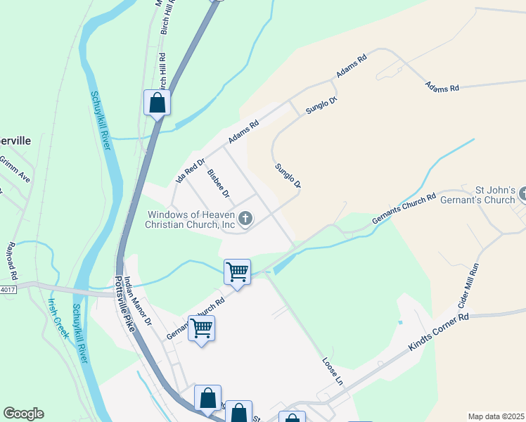 map of restaurants, bars, coffee shops, grocery stores, and more near 80 Sunglo Drive in Leesport