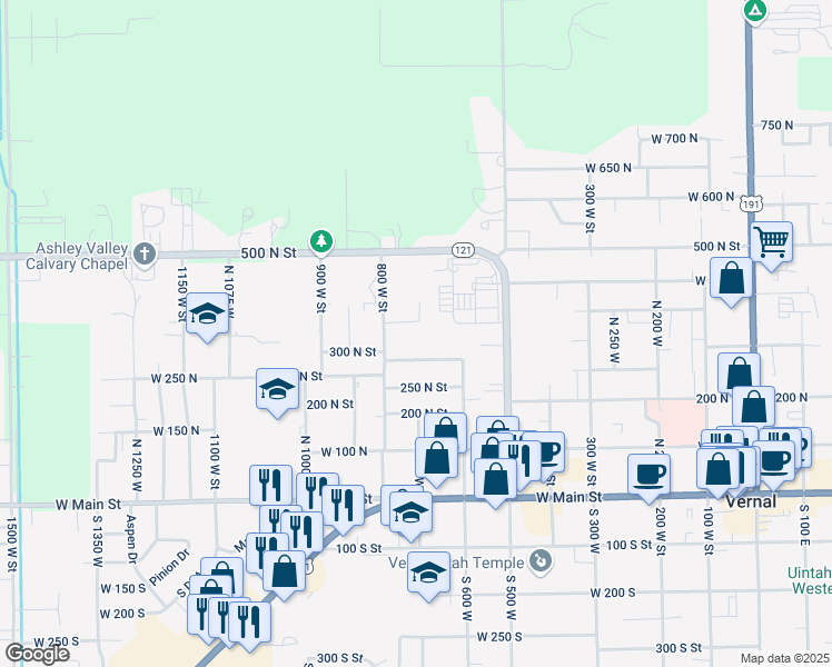 map of restaurants, bars, coffee shops, grocery stores, and more near 729 West 350 North in Vernal