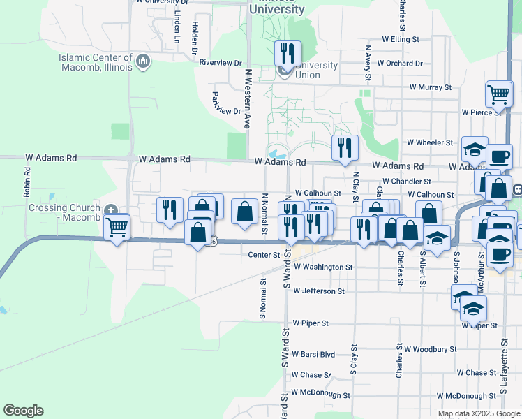 map of restaurants, bars, coffee shops, grocery stores, and more near 208 North Normal Street in Macomb