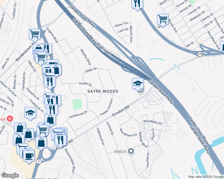 map of restaurants, bars, coffee shops, grocery stores, and more near 12 Fielek Terrace in Sayreville