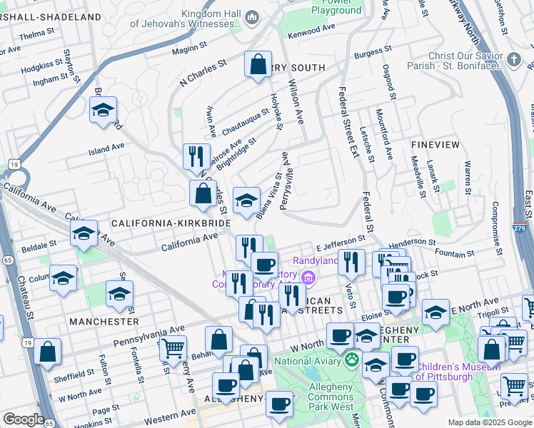 map of restaurants, bars, coffee shops, grocery stores, and more near 1903 Buena Vista Street in Pittsburgh